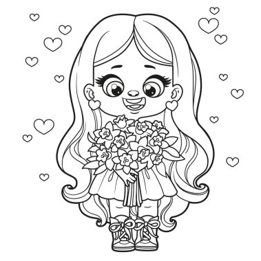 Cute cartoon long haired girl holds in hands a large spring bouquet of daffodils outlined for coloring page on white background