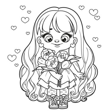 Cute cartoon long haired girl holds in hands a large spring bouquet of tulips outlined for coloring page on white background
