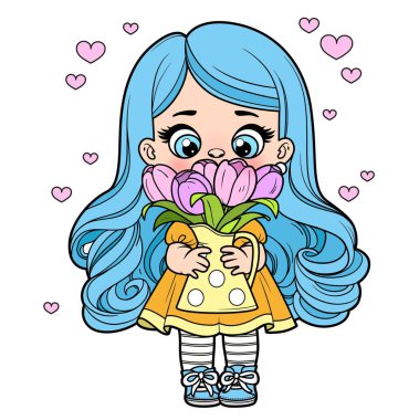 Cute cartoon long haired girl holds holding a bouquet of tulips in a jug color variation for coloring page on white background