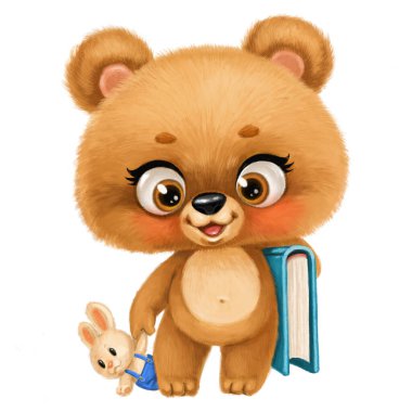 Cute cartoon fluffy teddy bear holding big book and toy bunny isolated on white background