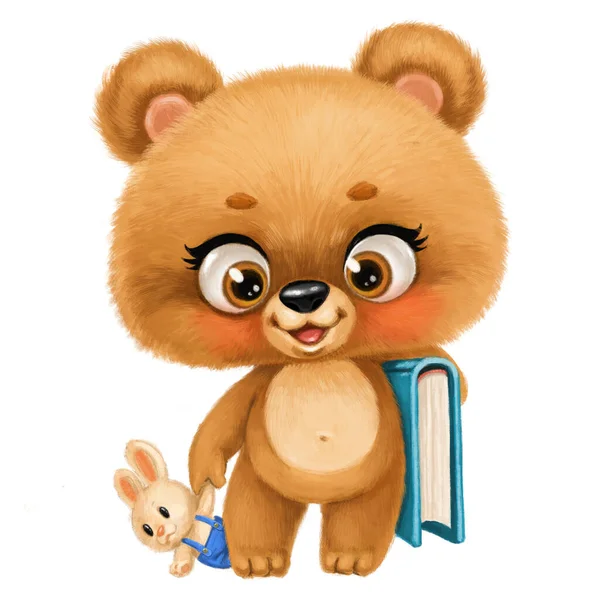 Cute Cartoon Fluffy Teddy Bear Holding Big Book Toy Bunny — Stock Photo, Image