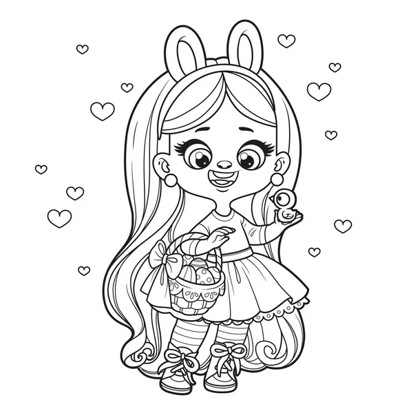 Cute Cartoon Long Haired Girl Bunny Ears Basket Hold Chicken —  Vetores de Stock