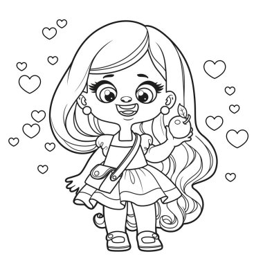 Sevimli çizgi film, uzun saçlı, elinde elma olan kız. Beyaz arka planda boyama sayfası çizilmiş.