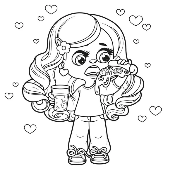 可爱的卡通长发姑娘 手拿着比萨饼 喝着杯子 在白色的背景上涂上色彩 — 图库矢量图片