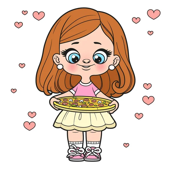 Menina Bonito Desenho Animado Com Pizza Nas Mãos Variação Cor — Vetor de Stock