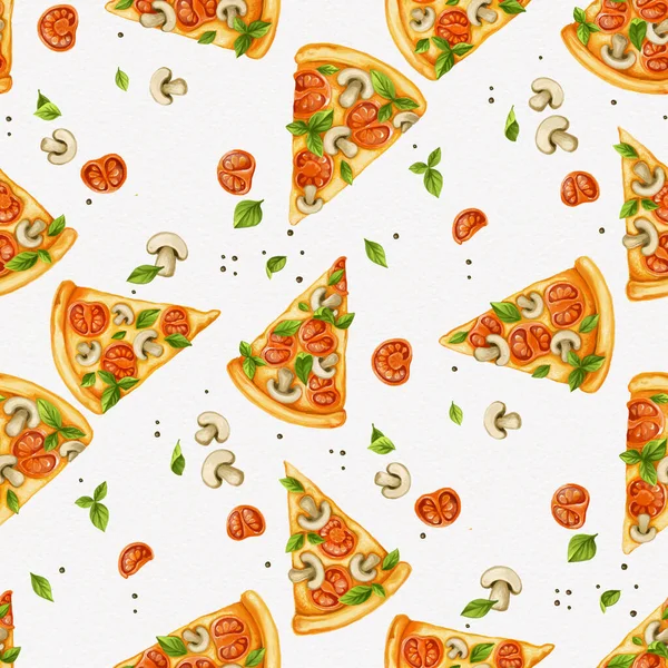 Bezešvé Vzor Pizzy Plátky Rajčat Houby Pepř Bazalka Bílém Pozadí — Stock fotografie