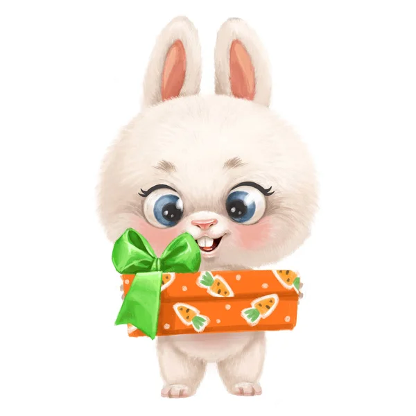 Carino Cartone Animato Coniglio Bianco Con Regalo Scatola — Foto Stock