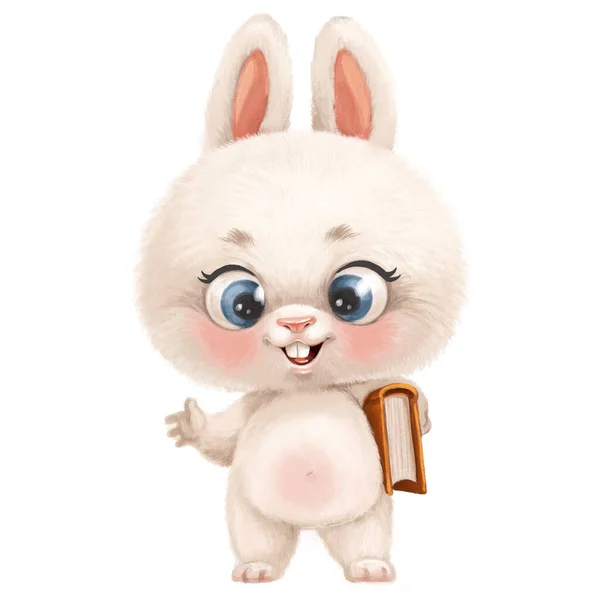 Niedliche Karikatur Weißes Kaninchen Mit Großem Buch Pfote — Stockfoto