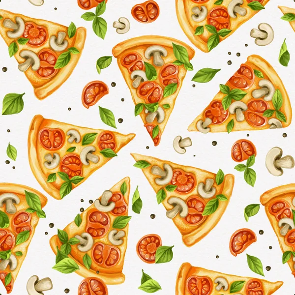 Bezproblémový Vzor Pizzy Plátků Rajčat Hub Bazalky Bílém Pozadí — Stock fotografie