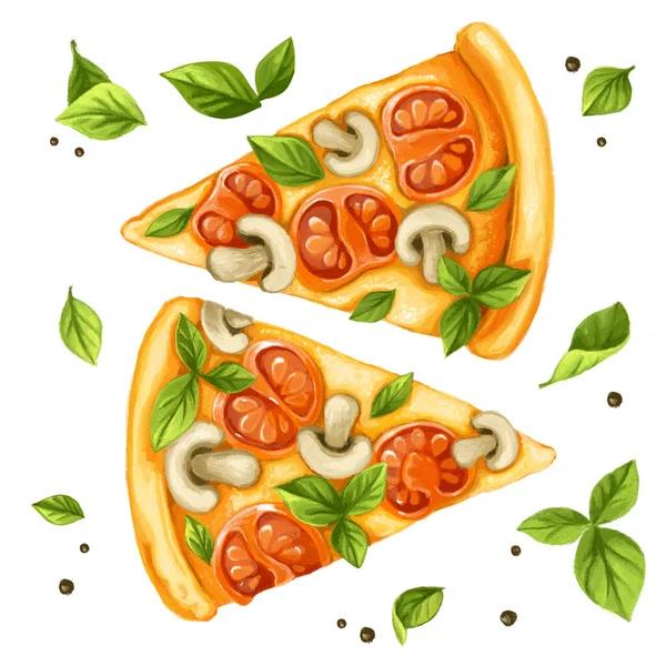 Pizza Com Cogumelos Manjericão Tomate Cozinha Italiana — Fotografia de Stock