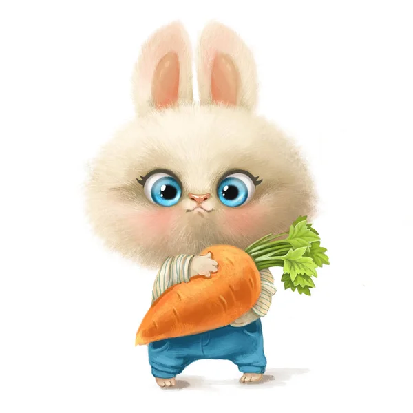 Cute Cartoon Rabbit Big Carrot White Background — Stock Photo, Image