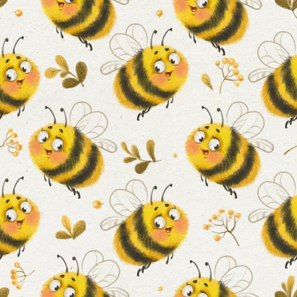 Seamless pattern with cute cartoon bees