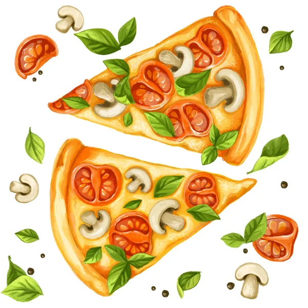 Snijd Pizza Met Champignons Basilicum Tomaten — Stockfoto