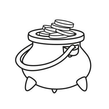 Beyaz arkaplanda renklendirme sayfası için özetlenmiş altın sikkeli kazan