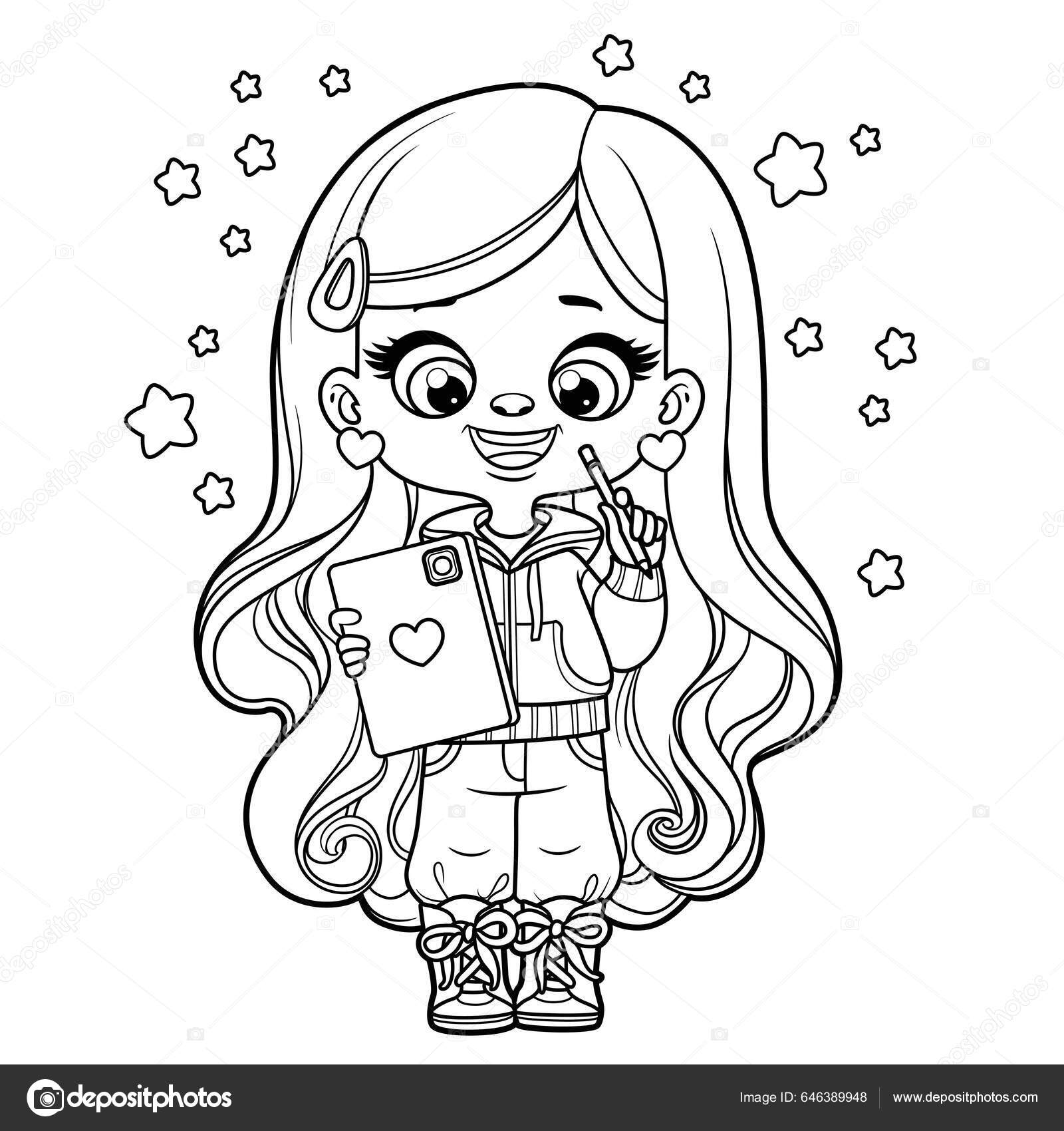Menina Bonito Desenho Animado Com Boneca Brinquedos Delineados Para Colorir  imagem vetorial de yadviga© 649446728