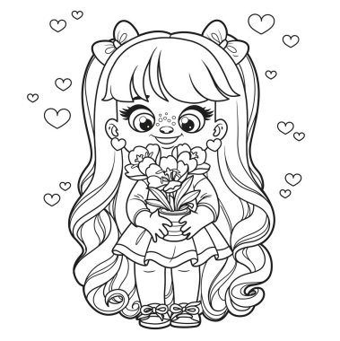 Tatlı çizgi film, uzun saçlı kız elinde beyaz arka planda boyama sayfası için özetlenmiş bir çömlek tutuyor.