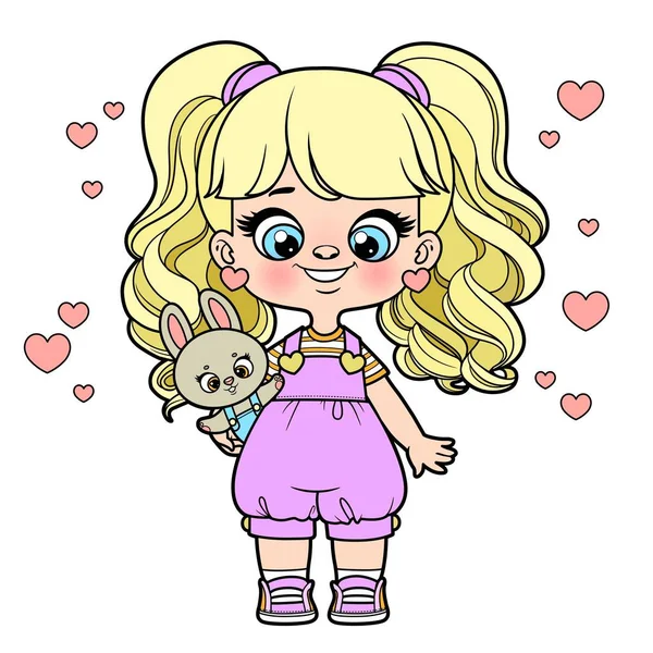 可爱的卡通女孩 手拿着玩具兔子的颜色变化为白色背景的彩色页面 — 图库矢量图片