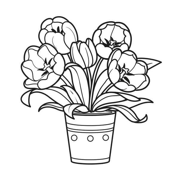 Fleurs Tulipes Pot Livre Colorier Dessin Linéaire Isolé Sur Fond — Image vectorielle