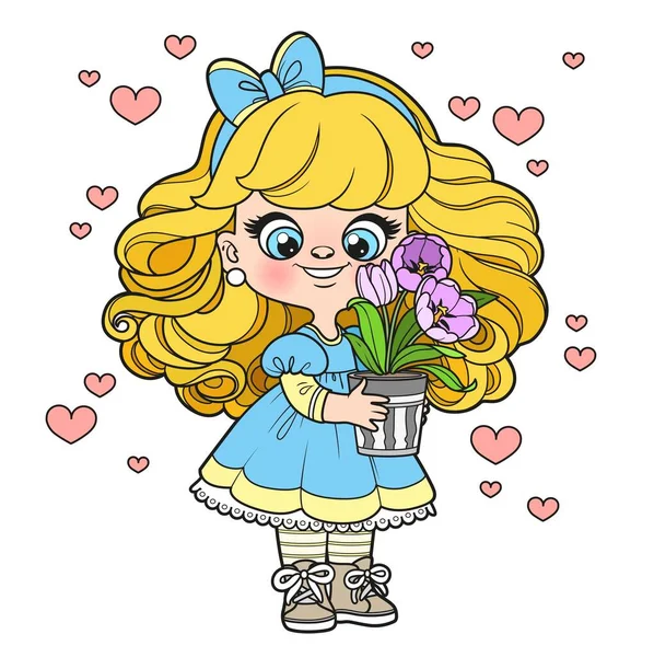 可爱的卡通长发姑娘手里拿着一大壶郁金香色的花 在白色的背景上涂上色彩 — 图库矢量图片