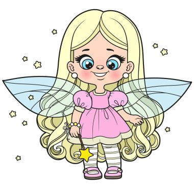 Beyaz arkaplan boyama sayfası için sihirli değnekli şirin çizgi film kızı perisi.