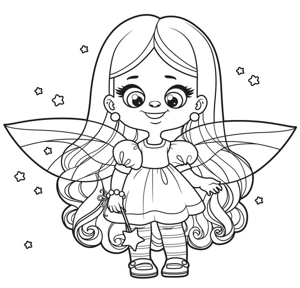 Cute Cartoon Girl Fairy Magic Wand Outlined Coloring Page White — Stock Vector