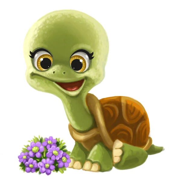 Cute Cartoon Little Turtle Sit Flowers Isolated White Background — Stock Photo, Image