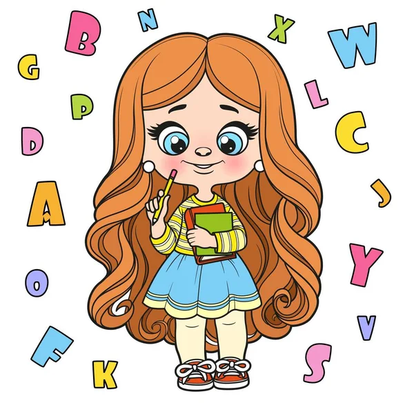 可爱的卡通长发女孩 带着铅笔 带着课本的色彩变化 为白色背景的页面配色 — 图库矢量图片