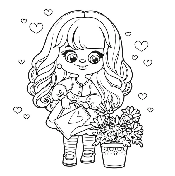 Cute Cartoon Long Haired Girl Watering Flowers Watering Can Outlined — Stock Vector