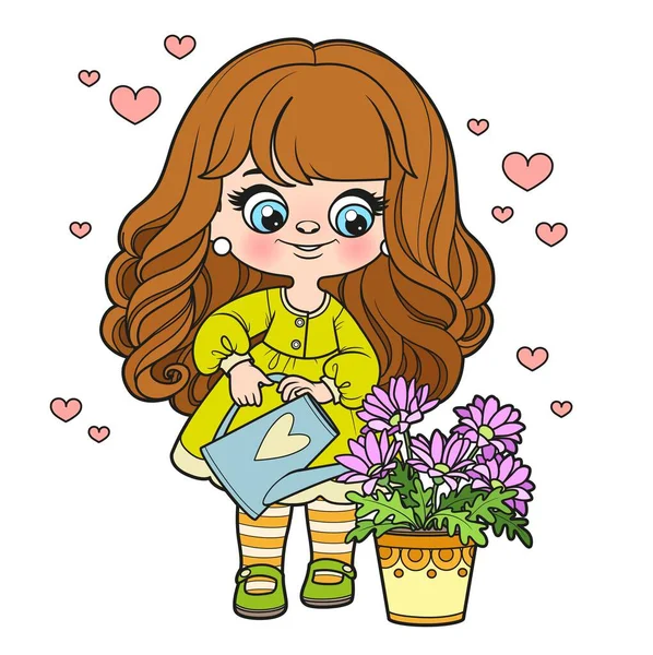 Cute Cartoon Long Haired Girl Watering Flowers Watering Can Color — Stock Vector