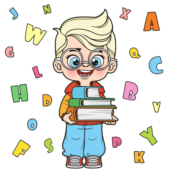 可爱的 戴眼镜的男孩拿着一堆堆不同颜色的书 在白色的背景上涂上颜色 — 图库矢量图片