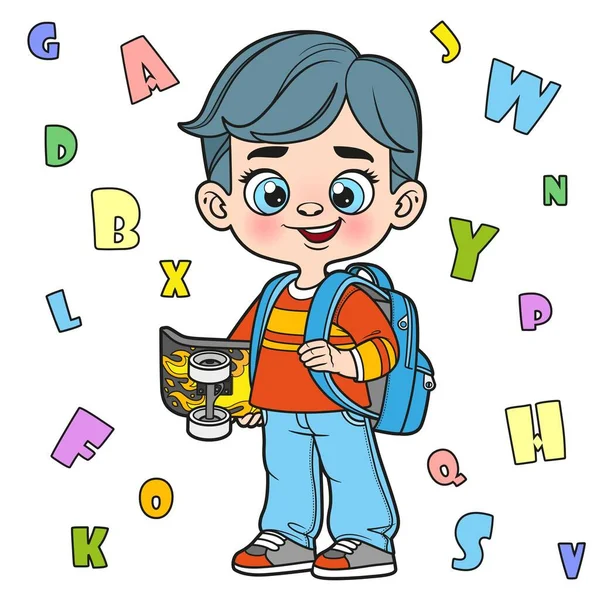 Cute Kreskówki Chłopiec Plecakiem Szkoły Gospodarstwa Deskorolka Odmianie Handcolor Kolorowania — Wektor stockowy