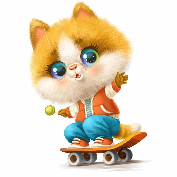 Nette Cartoon Orange Kätzchen Auf Skateboard Isoliert Auf Weißem Hintergrund — Stockfoto
