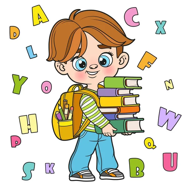 Cute Cartoon Boy Holding Large Stack Books Color Variation Coloring — Stock Vector