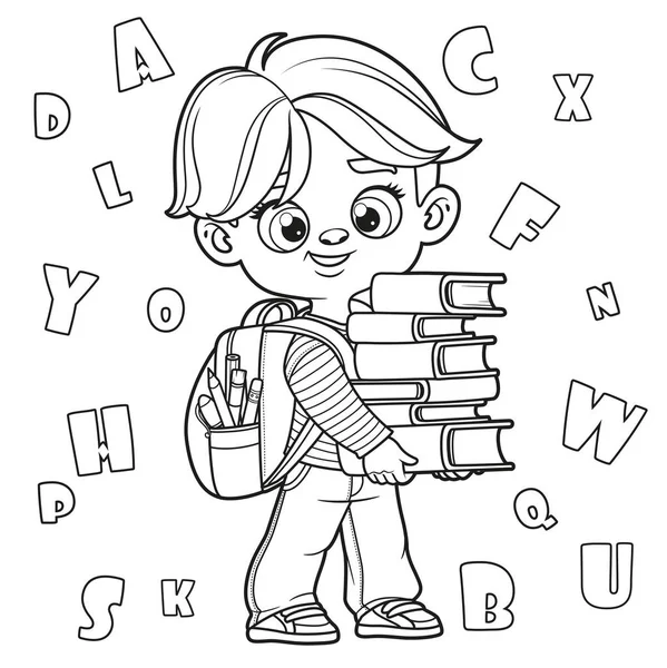 Cute Cartoon Boy Holding Large Stack Books Outlined Coloring Page — Stock Vector
