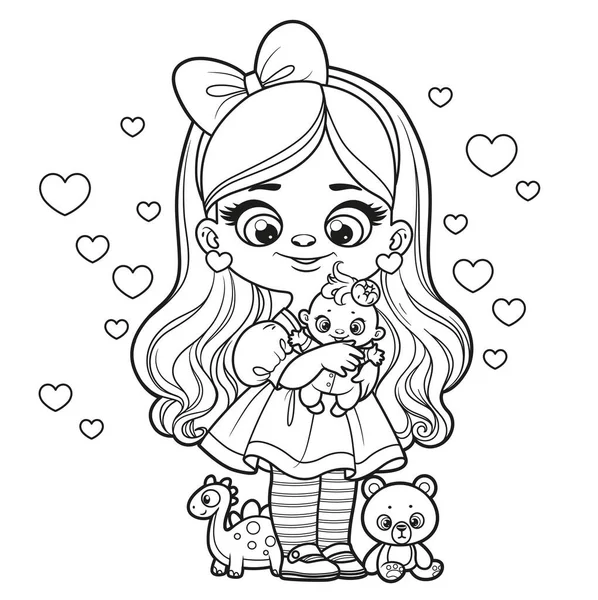Cute Cartoon Girl Baby Doll Toys Outlined Coloring Page White — Stock Vector