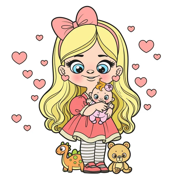 可爱的卡通片女孩 娃娃和玩具的颜色变化 在白色背景上的彩色页面 — 图库矢量图片