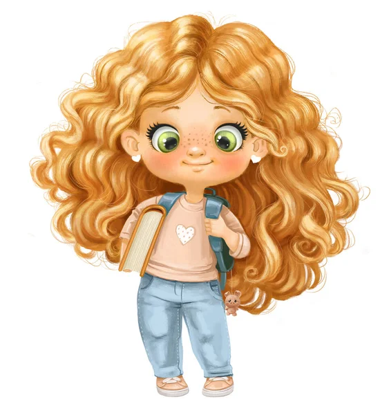 Cute Cartoon Girl Fluffy Curly Golden Hair Going School Backpack — Stock Photo, Image