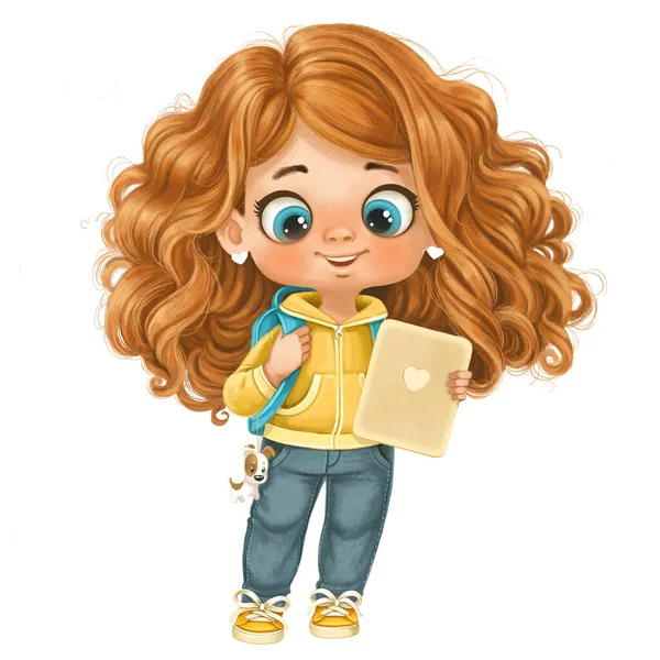 Desenhos Animados Bonito Curlyhaired Estudante Com Tablet Fundo Branco — Fotografia de Stock