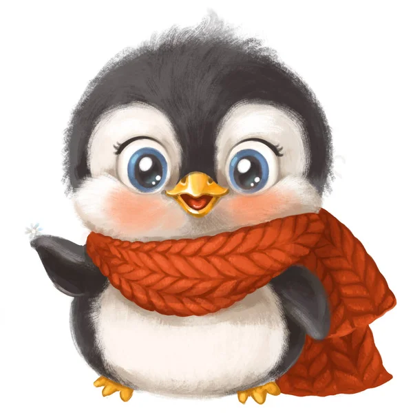 Leuke Cartoon Kleine Pinguïn Een Rode Sjaal Grof Gebreid — Stockfoto