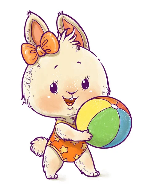 Cute cartoon summer white rabbit with beach ball