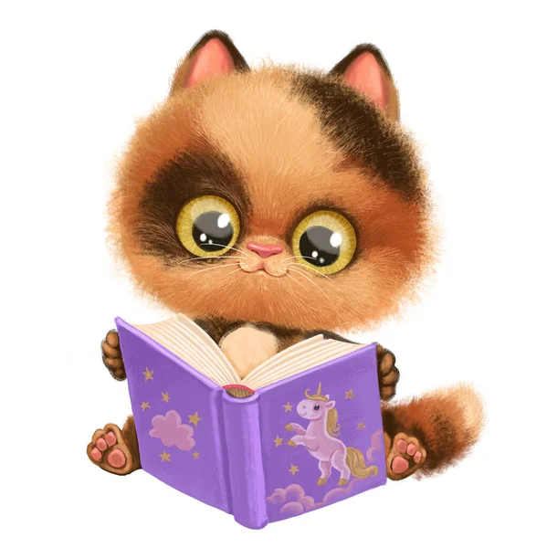 Cute Cartoon Kitten Sit Read Fairy Tale Book White Background — Stock Photo, Image