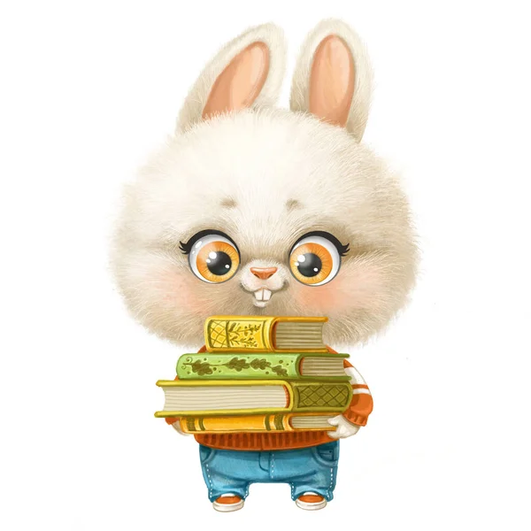 Carino Cartone Animato Coniglietto Bianco Con Libri Testo Pila — Foto Stock