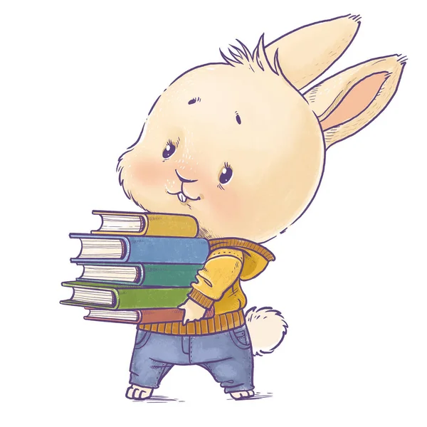 可爱的毛茸茸的小兔子 脚上有一堆白色背景的教科书 — 图库照片