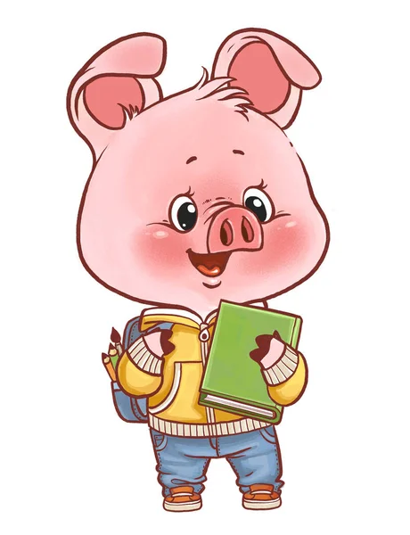 可爱的卡通小猪带着课本和背板上学 — 图库照片
