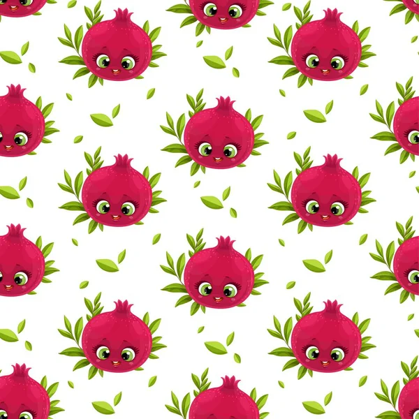 Seamless Pattern Cute Little Cartoon Emoji Red Pomegranate White Background — Stock Vector