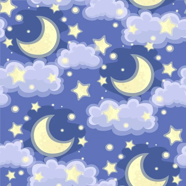 Бесшовный Орнамент Лун Звезд Облаками Голубом Фоне Ночного Неба — стоковый вектор