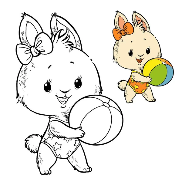 Cute Cartoon Summer White Rabbit Beach Ball Vector Coloring Page — Stock Vector
