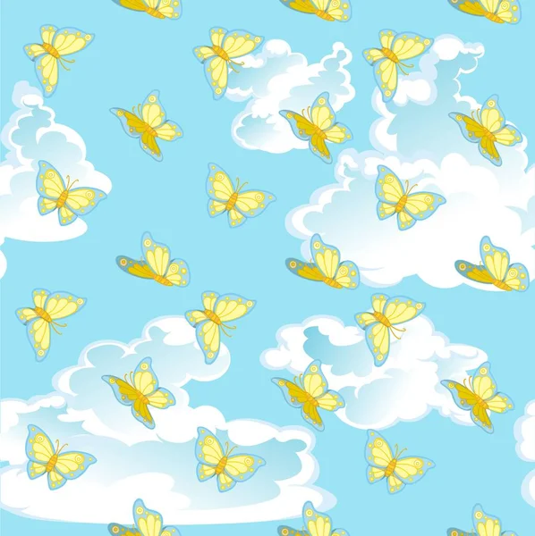 Seamless Pattern Yellow Blue Butterflies Flutter Blue Clouds Background — Stock Vector