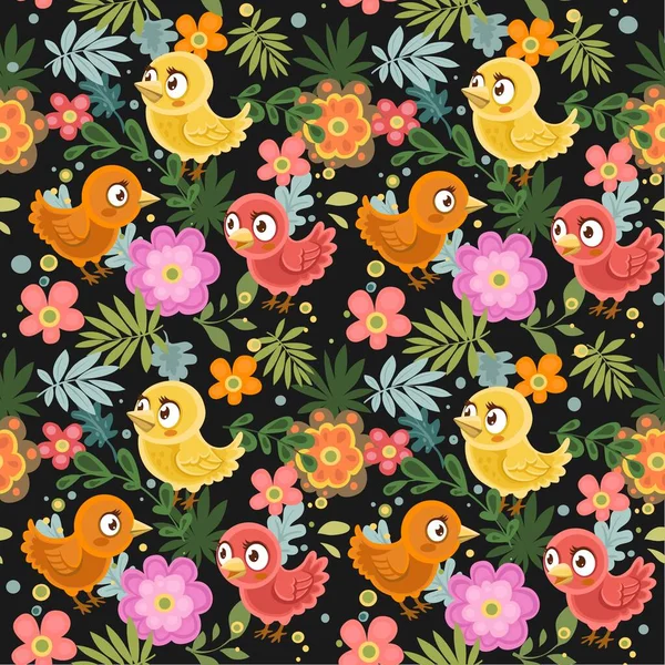 黒い背景に鳥や花のシームレスな装飾品 — ストックベクタ