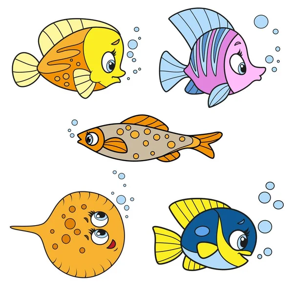 Cute Kreskówki Pięć Egzotycznych Ryb Morskich Odmiany Koloru Dla Kolorowanki — Wektor stockowy